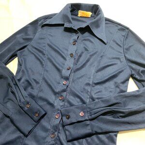 Rare VTG 50s/60s Women’s Blue Long Sleeve Blouse Satin Button Down Shirt